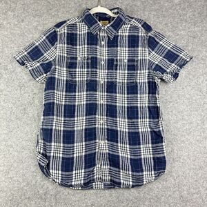 TreVero Shirt Mens Large Blue White Plaid Linen Short Sleeve Button Up Casual